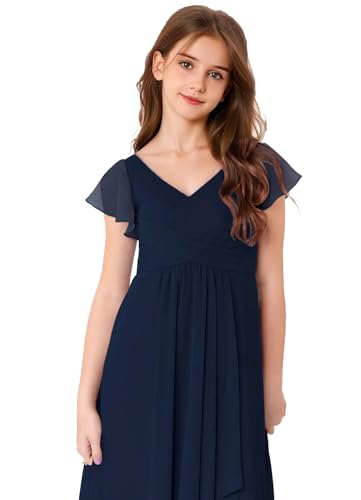 Chiffon Junior Bridesmaid Dresses V Neck Ruffle Sleeves Flower Girl Dress for Wedding Teen Girls Party Pageant Gowns MR372