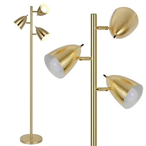 Hykolity Industrial LED Reading and Floor Lamp for Living Rooms, Bedrooms, Mid Century Modern Adjustable 3 Light Floor Lamps, Standing Tall Pole Lamp, Antique Brass/Gold, Bulb Sold Separately