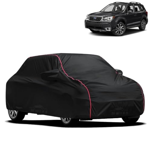 Image of Waterproof Car Cover for Chevrolet Forester | All-Weather Protection, Dustproof & UV Resistant | Triple Stitched Mirror Pockets, Windproof Buckle Strap with Elastic Hem, Black-Red Piping