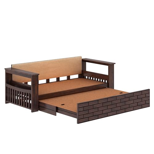 Image of Ganpati Arts Italian Solid Sheesham Wood 3 Seater Sofa Cum Bed with Side Pockets for Storage and Fabric at Back Wooden Sofa Furniture for Living Room Home (Walnut Finish)