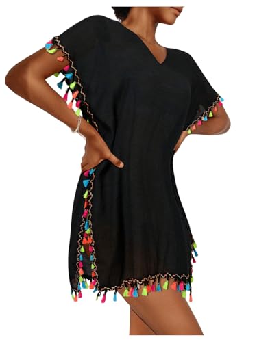 MakeMeChic Women's Swimsuit Cover Up Tassel Short Sleeve Bathing Suit Beach Coverups