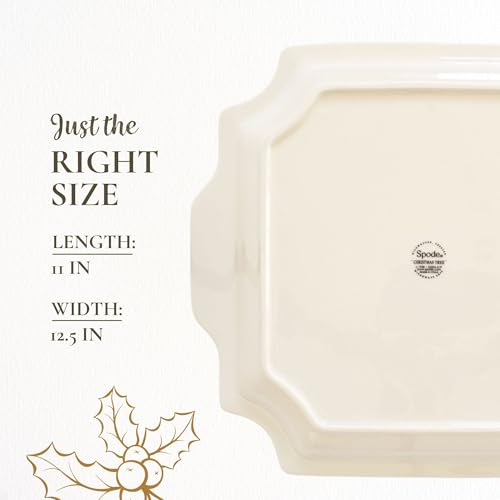 Spode Christmas Tree 12.5" Square Handled Serving Platter - Porcelain Serving Plate for Holiday Snacks, Appetizers, Buffet Displays - Microwave & Dishwasher Safe - Elegant Holiday Tableware