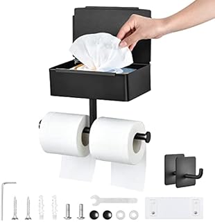 OTraki Toilet Roll Holder Wall Mounted Self Adhesive Double Rolls Toilet Paper Holder with Shelf Storage Box Stainless Steel Tissue Towel Loo Roll Holder for WC Bathroom Washroom Kitchen Black