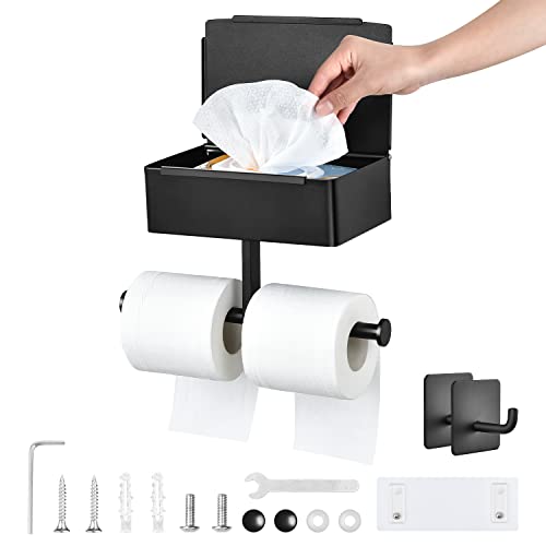OTraki Porte Papier Toilette Mural avec Boîte de Rangement Deux Rouleaux Porte Rouleau de Papier Toilette en Acier Inoxydable sans Percage pour Salle de Bain Cuisine (Noir) Cover