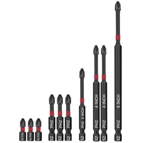 JUNZHIDA Screwdriver Bit Set #2 Insert Bits 1 2 3 4 6 inch PH2 1/4 Inch Hex Shank Cross Impact Driver Bit for Power Drilling (10PC,25-150mm) Anti-Slip Cover