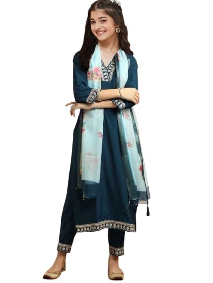 Image of Girls A-line Silk Embroidered Kurta and Pant Set with Dupatta for festive wedding and casual wear