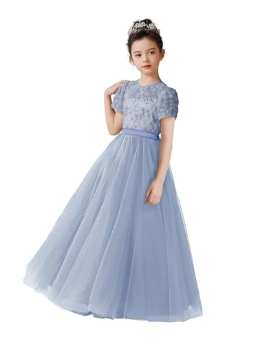 dideyttawl Flower Girls Dress 3D Embroidery Lace Appliqued Puff Tulle Satin Bow High-Waisted Maxi Dress 754T