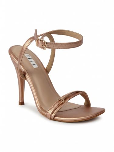 Image of ELLE Women's Square Toe Stiletto Heel Sandals with Gold-Tone Bar Detail and Crisscross Ankle Strap