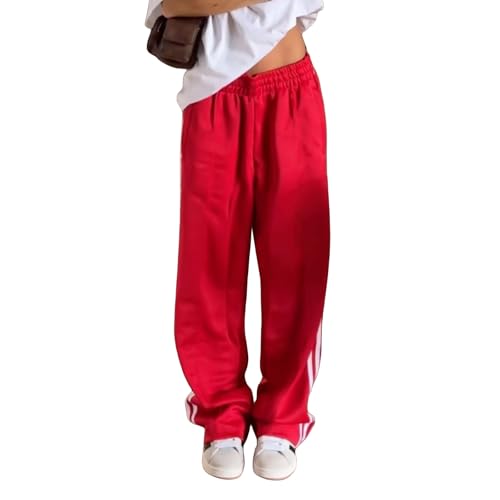 Women Side Striped Track Pants Y2k Drawstring Waist Wide Leg Cargo Sweatpants Casual Loose Jogger Lounge Pants