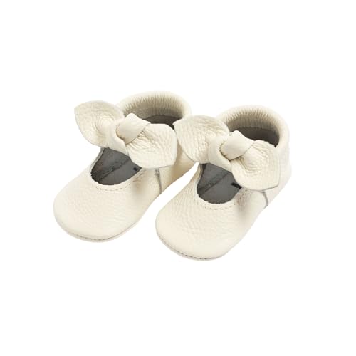 Freshly Picked First Pair Knotted Bow Baby Girl Shoes 12-18 Months - Leather Moccasins (Blanc, 3)