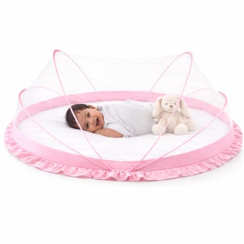 Image of DecorTwist Baby Mosquito Net for Bed - Foldable Pop-Up Dome Net for Newborns & Infants (0-24 Months) | Breathable Mesh, Insect & Fly Protection | 135x65x65 cm | Travel & Outdoor Safe (Pink)