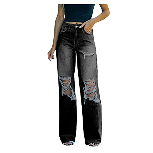 Pantalones vaqueros holgados para mujer de cintura alta vintage: con agujeros, hip hop de los 90, pantalones Y2k, rectos, pantalones vaqueros, pantalones vaqueros de pierna ancha, ropa de calle,