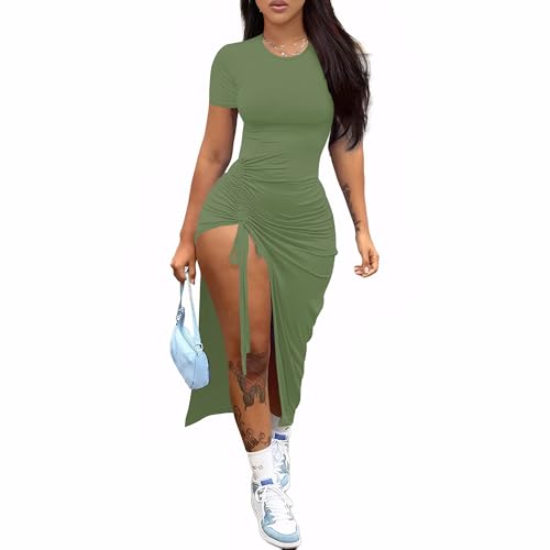 Image of Nimsruc Women Sexy Summer Dresses Short Sleeve Thigh-high Slit Ruched Bodycon Maxi Club Cocktail Party Dress