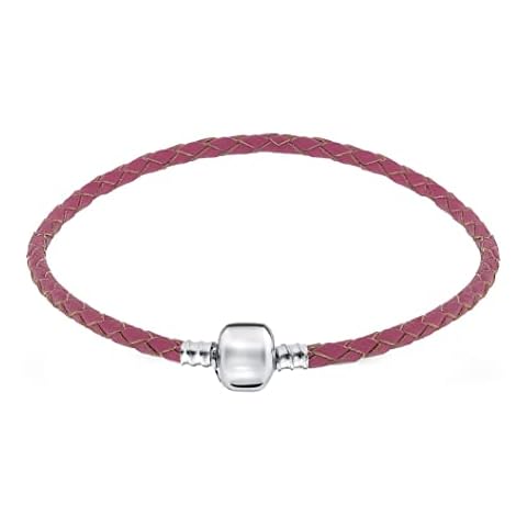 Andante-Stones 925 Sterling Silver plaited leather bracelet (Pink) with Clip Closure (18 cm/For European Beads Wrist Band/Bracelet Includes Organza Pouch Cover
