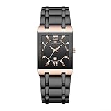 HEBEOT Orologio al quarzo da uomo con cinturino in acciaio inossidabile e cassa in lega oro, nero, oro rosa, nero, argento, nero, calendario aziendale (2431-FH)