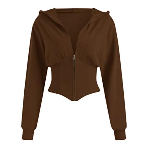 MISSACTIVER Women's Half Zipper Corset Crop Sweatshirt Asymmetrical Hem Solid V-Neck Drop Shoulder Ruched Crop Hoodie Tops, Brown, Medium Cover