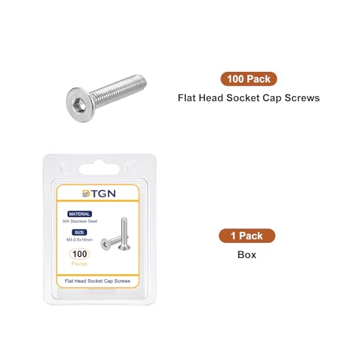 Image of DTGN M3-0.5 x 16mm Flat Head Socket Cap Screws, 100 Pack 304 Stainless Steel Hex Socket Flat Head Screws, Full Thread, Countersunk Bolts