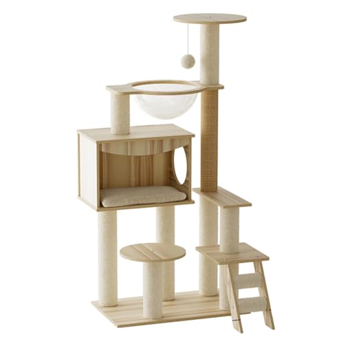 EAHPBM キャットタワー 木製 スリム キャット タワー 木材 透明な宇宙カプセル 太い柱 大型猫用 猫タワー 猫爬架 ネコタワー 傷に強い 広々とした猫用ベッド 高い展望デッキ 突っ張り 猫 タワー ネコタワー 丈夫で耐久性があり 耐荷重性が高く お