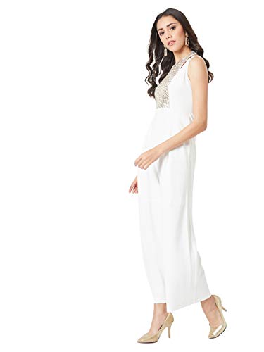Image of Miss Chase Women's Halter Neck Sleeveless Solid Wide Leg Sequin Paneled Regular Length Jumpsuit