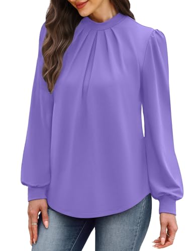Image of WIHOLL Long Sleeve Shirts for Women Mock Neck Tops Pleated Front Blouses Dressy Casual Spring Fall Clothes 2026 Fashion
