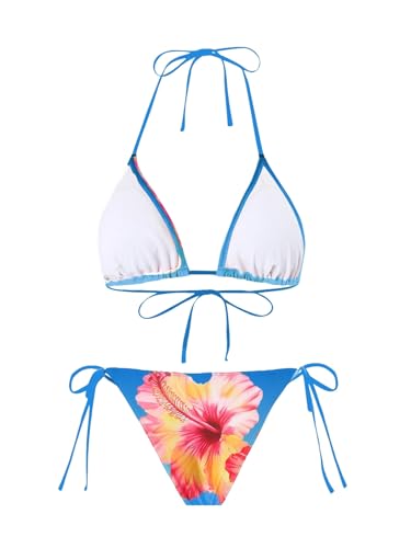 Image of ZAFUL Women's 3 Piece Swimsuit Floral Halter Triangle String Bikini Tie Side Bottom with Boho Cover Up Skirt