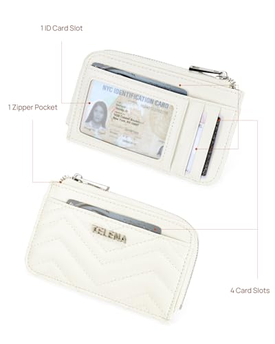 Image of Telena Slim Wallet Women RFID Blocking Credit Card Holder Leather Coin Purse with Silver Keychain Beige