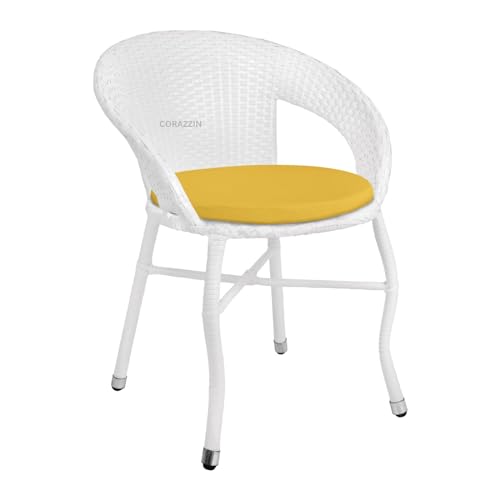 Image of Rattan Wicker Garden Patio Seating Chair and Table Set for Outdoor Balcony Garden Coffee Table Set Furniture with 1 Table and 4 Chairs with Yellow Cushion (White)