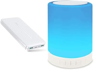 مجموعة سفر أساسية (شاحن باور بانك توب ستار للموبايل من جوي روم 10000مللي امبير في الساعة|أبيض|JR-T012+مكبر للصوت بلوتوث بإضاءة ليلية|مصباح طاولة جانبي خارجي يعمل باللمس قابل للتعتيم إضاءة ليد مزاجية)