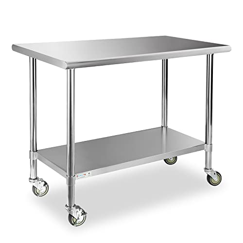 Image of STABLEINK NSF Stainless Steel Table with Wheels 48x24 Inches 4ft, Metal Prep & Work Table with Adjustable Undershelf, for Commercial Kitchen, Restaurant, Hotel, Laundry and Garage