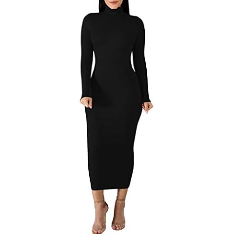 BORIFLORS Women's Sexy Basic Long Sleeve Turtleneck Bodycon Party Long Pencil Dress,Large,Black Cover