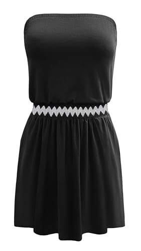 Image of SAUKOLE Summer Dresses for Women Bandeau Strapless Smocked Elastic Waist Sundress Tube Mini Dress with Pockets