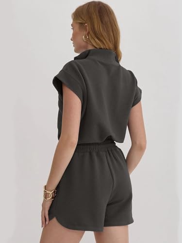 Image of Rompers for Women Summer Short Sleeve Half Zip Lapel Collar Jumpsuit Casual Drawstring One Piece Outfits with Pockets