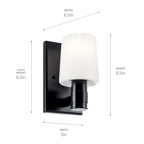 Image of Kichler Adani 1-Light Wall Sconce, Modern Light with Opal Glass in Black, for Bathroom, Powder Room, Kitchen, Bedroom, or Hallway (8.5 inch x 5 inch), 55174BK