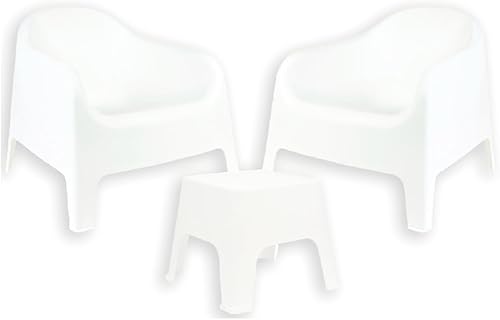 Skarpo - Juego de 3 piezas apilable de plástico moderno para patio + mesa auxiliar de puesta de sol (blanco)