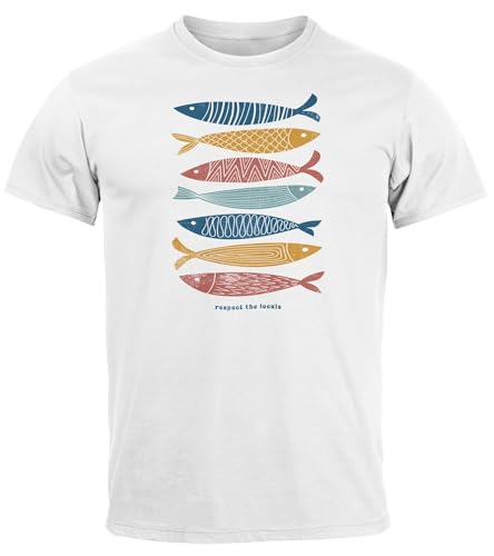 Neverless® Herren T-Shirt Motiv Maritim Meer Fische Sommer Urlaub Spruch Respect The Locals Fashion Streetstyle weiß XXL