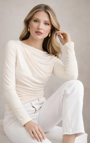 Image of SIGHTBOMB SOFTLINE Boat Neck Low Neck Drape Look Gathered Waterfall Afford LUX Edition Formal WEAR Long Sleeve Feather Touch TOP for Women