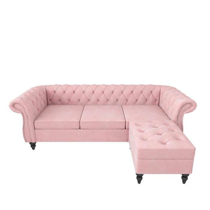 Image of Chesterfield Velvet 3 Seater Round Arm Sofa + Ottoman Modern Sofa for Your Loving Space, Bedroom, Living Room, Offices (Ashrose)