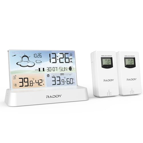 Raddy DT6 Weather Station Indoor Outdoor, Atomic Clock, Digital Color Display Indoor and Outdoor Thermometer Hygrometer, Home Weather Station with Weather Forecast and Barometer -  037790409