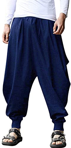 perdontoo Men's Casual Baggy Drawstring Hippie Boho Aladdin Harem Pants (29, Blue)