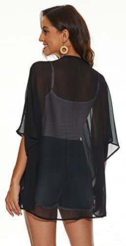 Women Summer Tops Kimono Cardigans Sheer Beach Cover Ups Chiffon Open Front Shirts （Black,M #TOP6