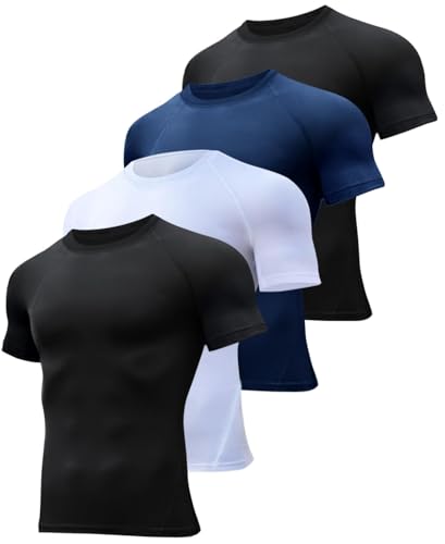 HOPLYNN 4 Pack Workout Compression Shirts Men Short Sleeve Rash Guard Athletic Undershirt Gear T Shirt for Sports 2 Black 1 White 1 Blue M