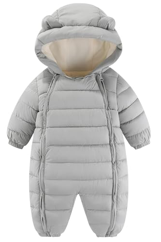 FEOYA Piumino neonato Unico Pezzo Bambino Ragazzi Ragazze Tuta Invernale con Cappuccio Neonato Tuta Da Neve Con Doppia Cerniera 0-24 Mesi, grigio argentato, 0-6 Mesi
