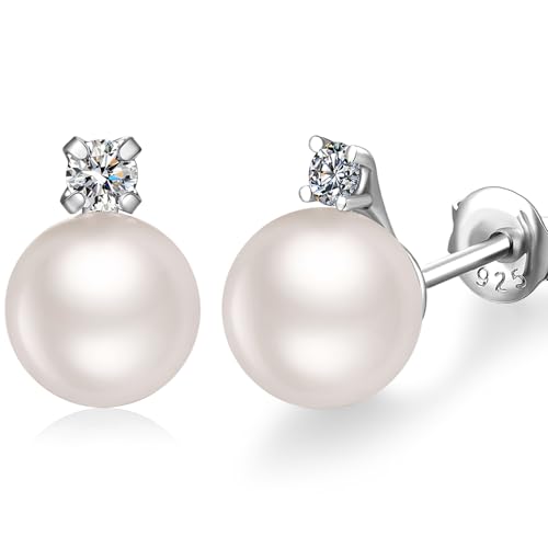 jiamiaoi 925 Sterling Silver Pearl Stud Earrings,Pearl and CZ Earrings for Women,8mm-13mm Culture Pearls