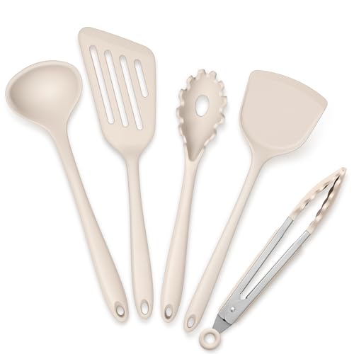 Joyfair Küchenutensilien Set, 5 Stück Khaki Silikon Küchenhelfer Kochbesteck Set, Hitzebeständiger Küchenset mit Pfannenwender Küchen zum Kochen & Backen, Gesund & Antihaft, Spülmaschinenfest