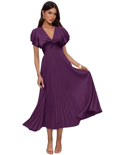 SoDigne Tea Length Pleated Bridesmaid Dresses for Women Flutter Sleeve V Neck Midi Formal Evening Gown