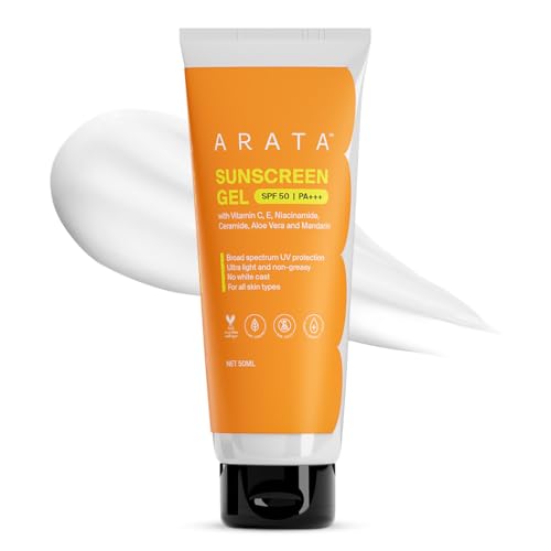 Arata Sunscreen Gel | SPF 50, PA+++ | Broad Spectrum UV Protection | Ultra-Light & Dewy Finish | No White Cast | Even & Glowing Skin | Niacinamide & Ceramide | Derma-Tested | For Men & Women | 50ML