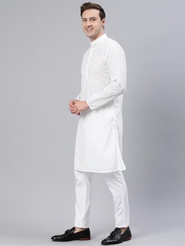 Image of Majestic Man Men's Cotton Blend Regular Fit Casual Polyester Mandarin Collar Ethnic Motifs Embroidered Long Regular Kurta