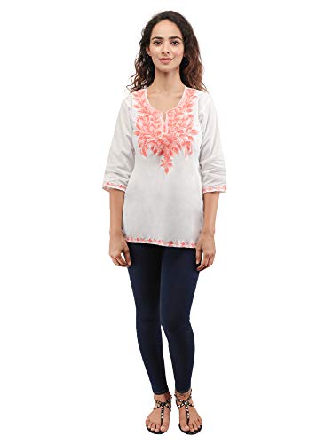 Image of QAZMI Women's Regular Kashmiri Embroidered Cotton (QAZY1229 White 2XL)