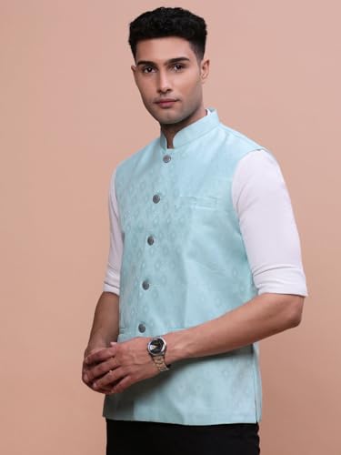 Image of SHOWOFFFF Men Woven Design Ethnic Nehru Jacket | Mandarin Collar Sleeveless Cotton NehruJacket for Mens | Slim Fit Regular Length NehruJackets for Men's