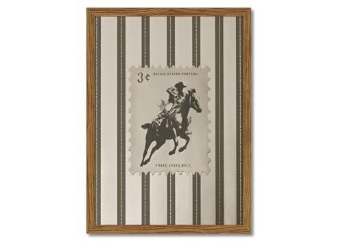 Vintage Western Wall Art, Striped Rodeo Wall Decor Southwest Cowboy Poster Canvas Prints, Retro Stamp Mid West Mid Century Artwork Aesthetic for Bedroom Living Room 12×16 inch Wood Framed